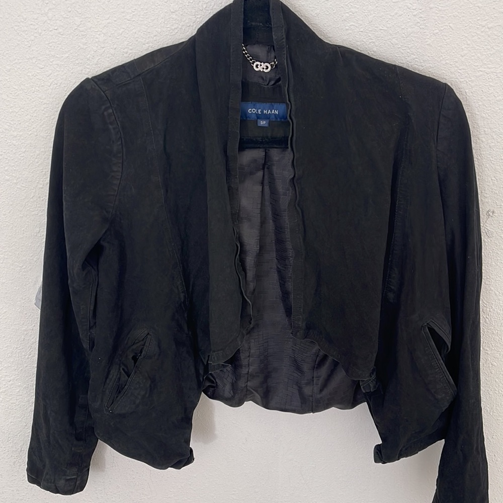 Cole Haan black Leather suede waterfall jacket blazer size S